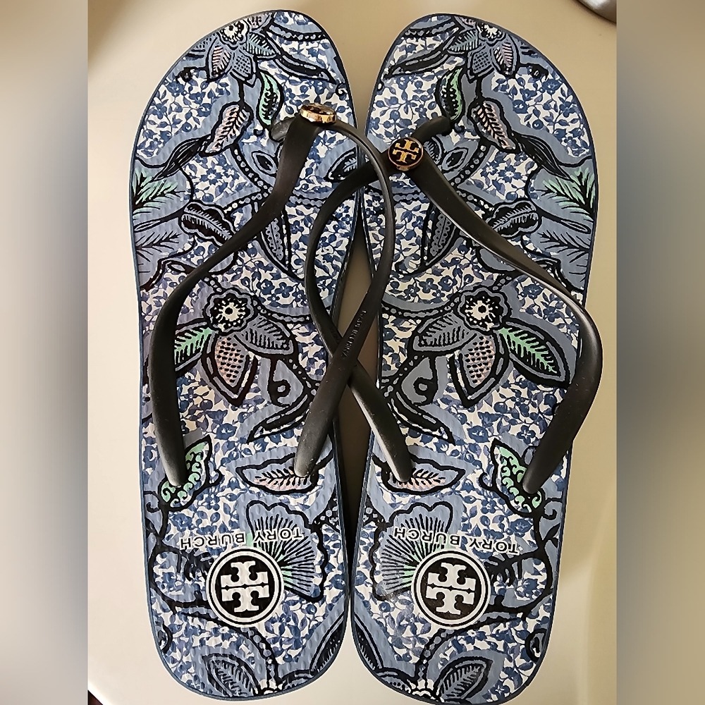 Tory Burch Thandie Printed Wedge Flip-Flop Sandal, Black/Ivory/Cape Floral